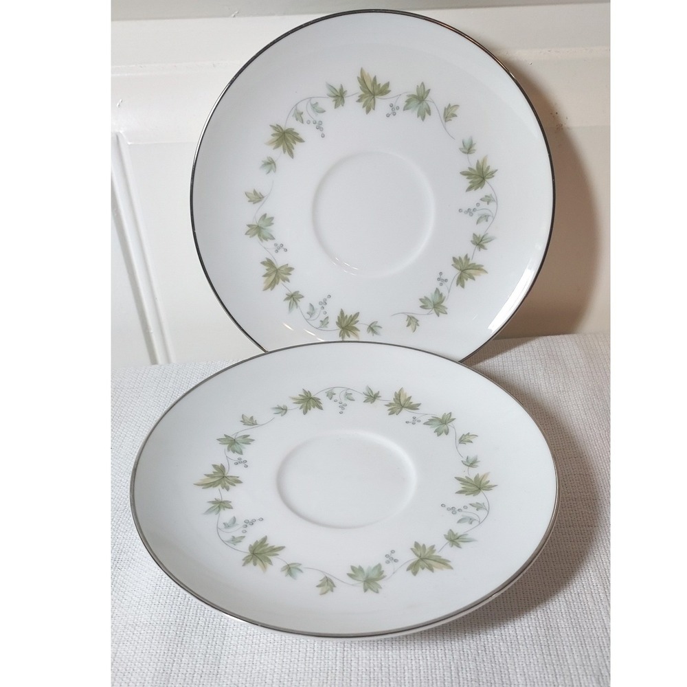 Noritake Lexington 6435 Saucers Set of 2 White Green Leaf Silver Trim Japan 6in